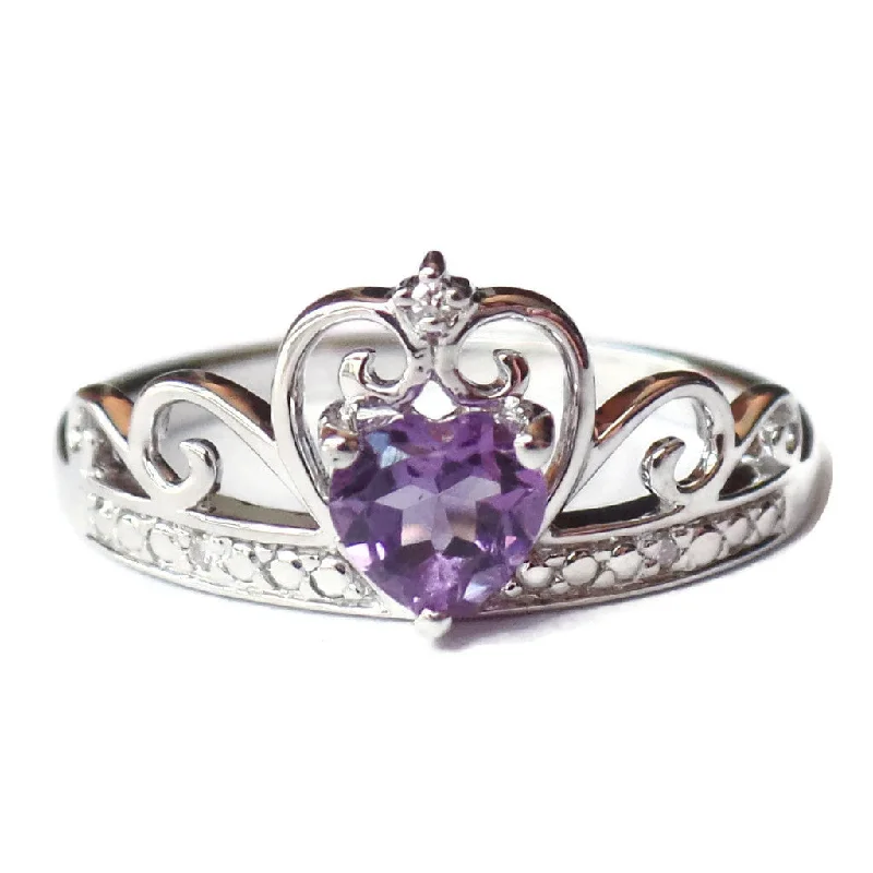 vintage style ring for women -Sterling Silver Diamond And Heart Shaped Amethyst Crown Ring