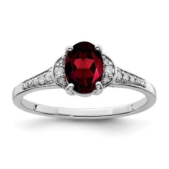 gemstone birthstone ring -Sterling Silver Diamond & Genuine Oval Garnet Ring