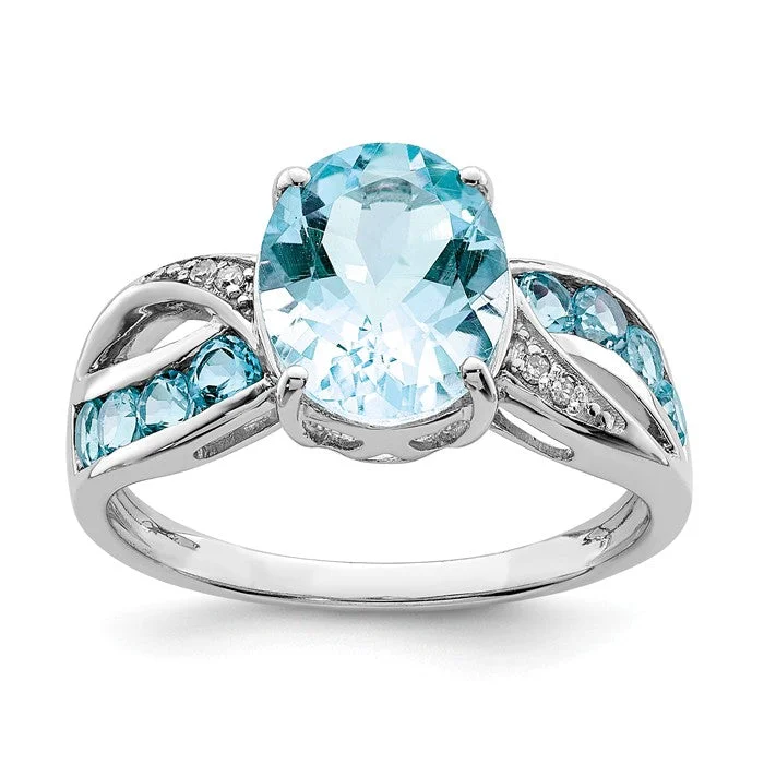 silver ring for women -Sterling Silver Diamond & Light Swiss Blue Topaz Oval Ring