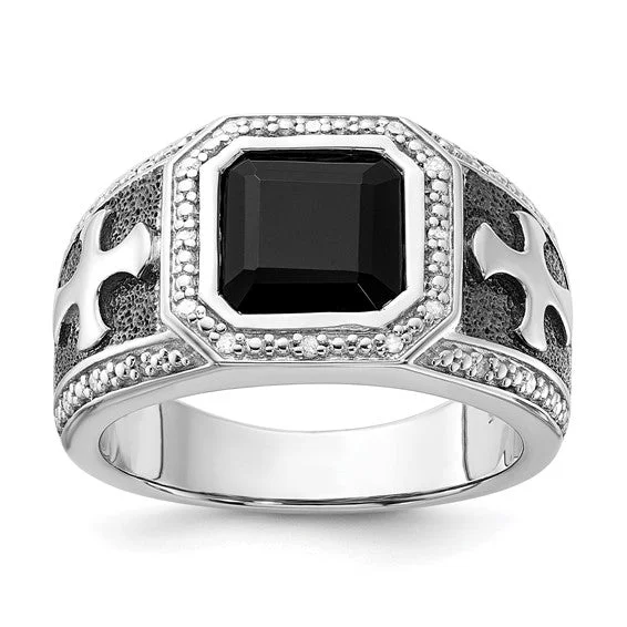 luxury eternity diamond band -Sterling Silver Diamond & Onyx Black Rhodium Plated Cross Men's Ring