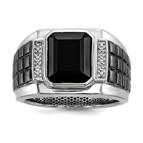 evil eye protection ring -Sterling Silver Diamond & Onyx Square Black Rhodium Plated Men's Ring