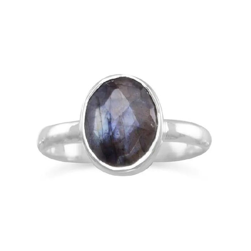 blue topaz cocktail ring -Sterling Silver Labradorite Bezel Set Oval Faceted Stackable Ring