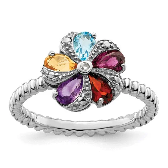 antique inspired wedding ring -Sterling Silver Multi Gemstone & Diamond Ring