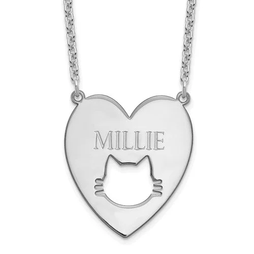 men’s cross pendant necklace -Sterling Silver Heart With Cat Face Engraved Name Necklace