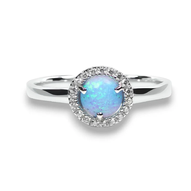 rainbow gemstone ring -Sterling Silver Light Blue Opal and CZ Halo Ring