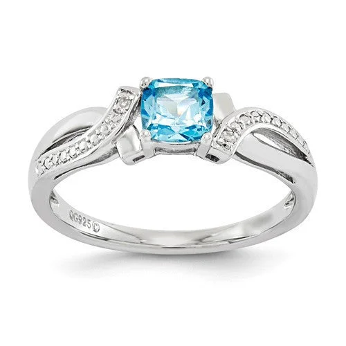 wedding band with diamonds -Sterling Silver Cushion Light Swiss Blue Topaz & Diamond Ring