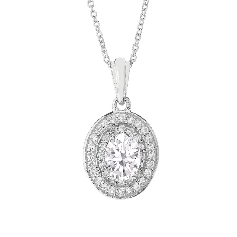 men’s lion pendant necklace -Sterling Silver Moissanite and White Topaz Halo Pendant with 18" Chain