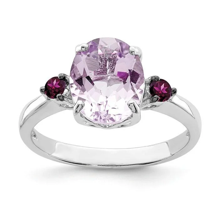 moonstone ring for women -Sterling Silver Pink Quartz Amethyst & Rhodolite Garnet Ring