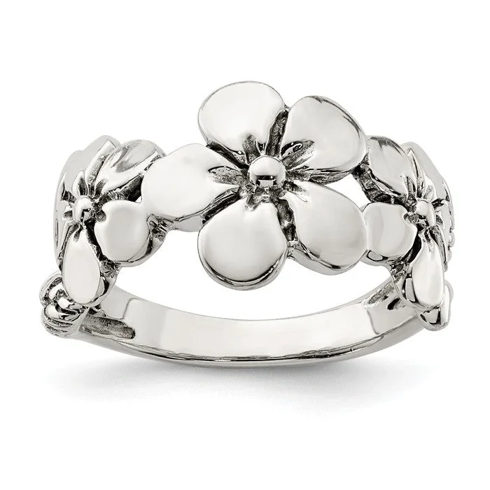 wide band silver ring -Sterling Silver Hawaiian Flower Ring