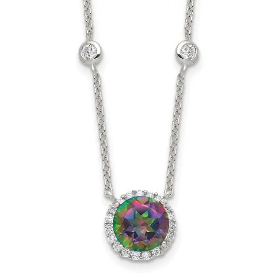 long statement necklace -Sterling Silver Round Rainbow Mystic Topaz & CZ Halo Necklace