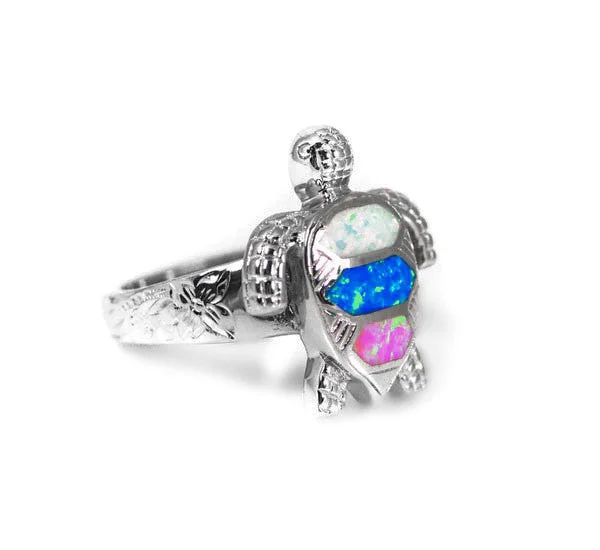 black spinel gothic ring -Sterling Silver Multi-Color Opal Sea Turtle Ring with Hawaiian Floral Band