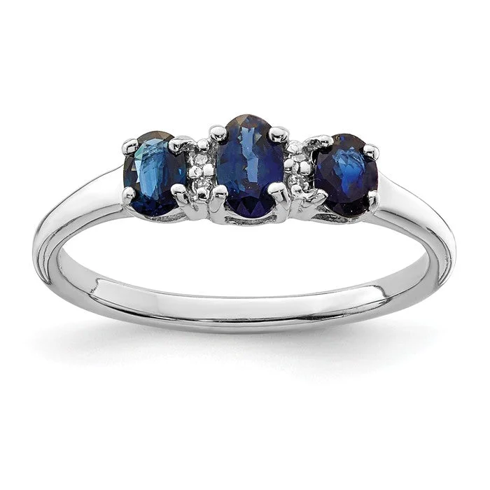 braided rope design ring -Sterling Silver 3 Stone Oval Genuine Blue Sapphire & Diamond Ring