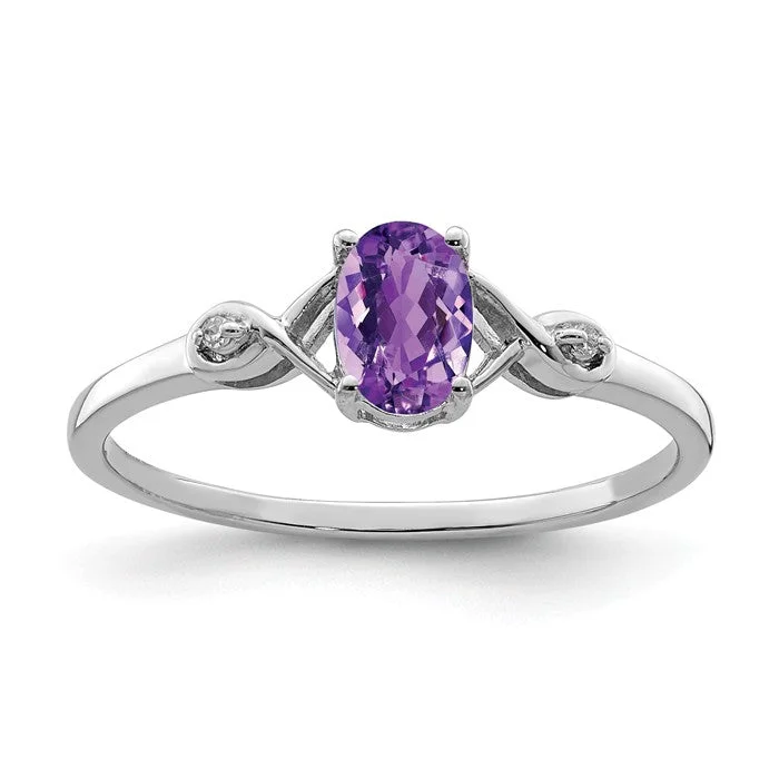 unique wave shape ring -Sterling Silver Genuine Amethyst Oval and Diamond Ring