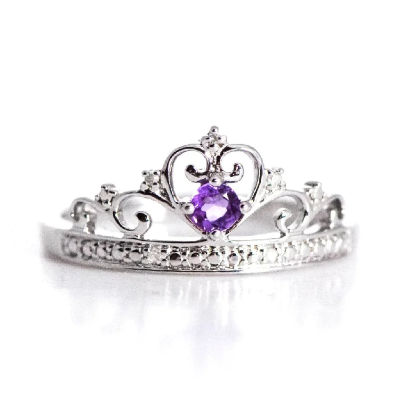 promise ring for girlfriend -Sterling Silver Genuine Amethyst and Diamond Princess Crown Ring