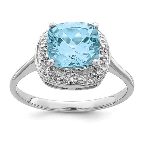 dainty gold band ring -Sterling Silver 8mm Cushion Swiss Blue Topaz & Diamond Halo-Style Ring