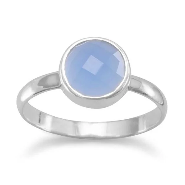 thick bold statement ring -Sterling Silver Round Faceted Blue Chalcedony Stackable Style Ring