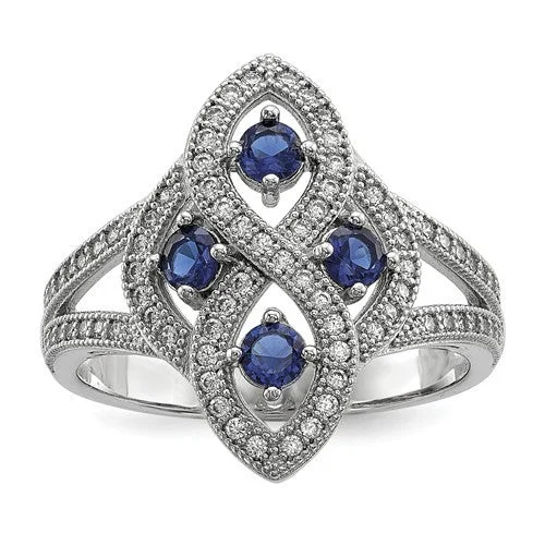 unique handmade ring -Sterling Silver Simulated Blue Sapphire & CZ Brilliant Embers Ring