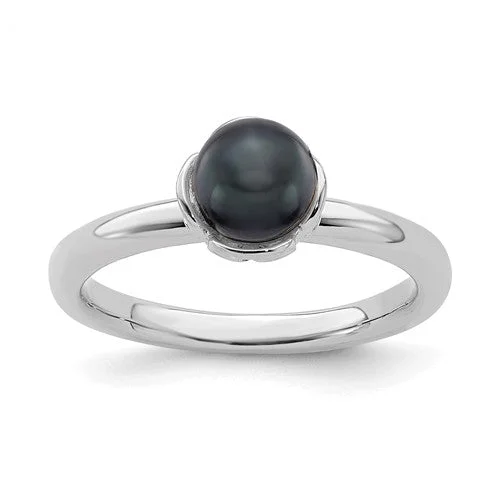 birthstone ring for mother -Sterling Silver Stack Expression Black FW Cultured Pearl Ring