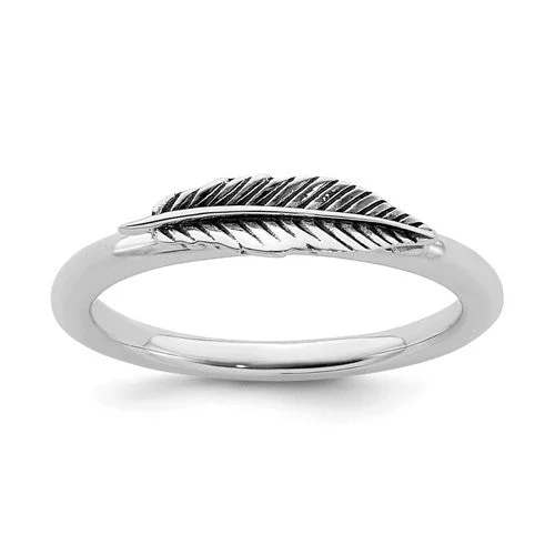 hammered texture wedding band -Sterling Silver Stackable Expressions Antiqued Feather Ring