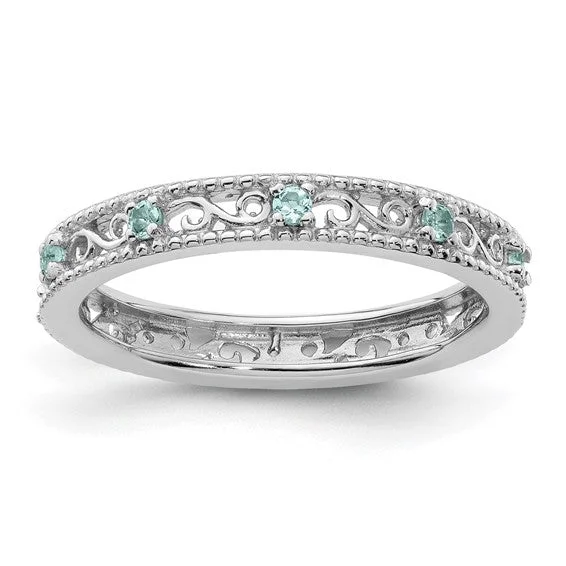 wedding band with diamonds -Sterling Silver Stackable Expressions Genuine Light Aquamarine Filigree Ring