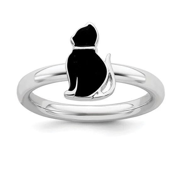 men’s minimalist band ring -Sterling Silver Stackable Expressions Black Enameled Cat Ring