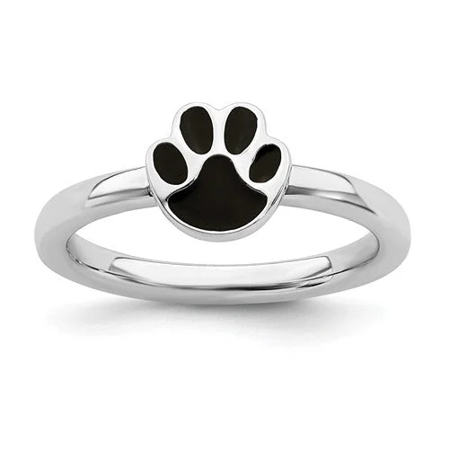 14k gold wedding band -Sterling Silver Stackable Expressions Black Enameled Paw Print Ring