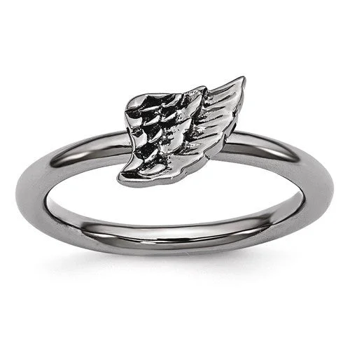 adjustable finger ring -Sterling Silver Stackable Expressions Black Plated Angel Wing Ring