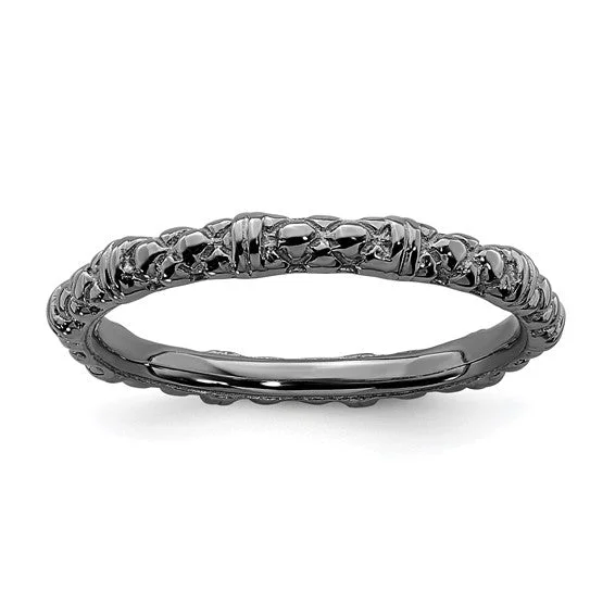 wide band silver ring -Sterling Silver Stackable Expressions Black Plated Cable Design Ring