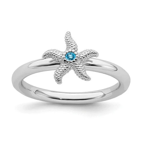 engraved couple matching rings -Sterling Silver Stackable Expressions Blue Topaz Starfish Ring