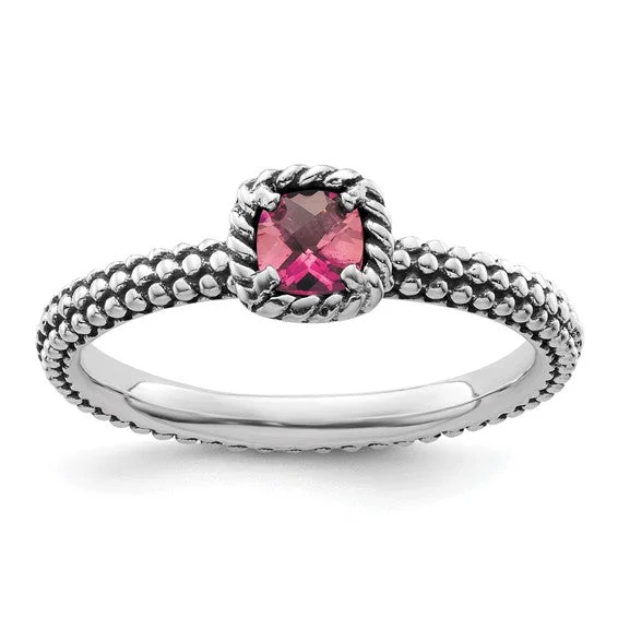 adjustable chain ring -Sterling Silver Stackable Expressions Checker-Cut Cushion Pink Tourmaline Antiqued Ring