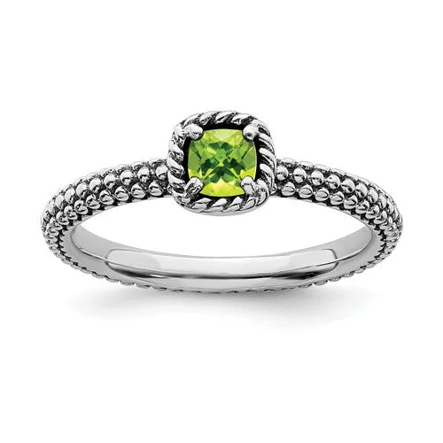 thick bold statement ring -Sterling Silver Stackable Expressions Checker-Cut Cushion Peridot Antiqued Ring