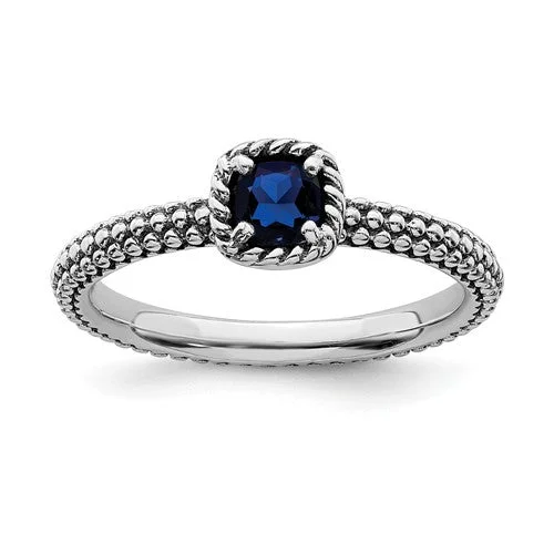 luxury designer ring -Sterling Silver Stackable Expressions Created Blue Sapphire Cushion Ring