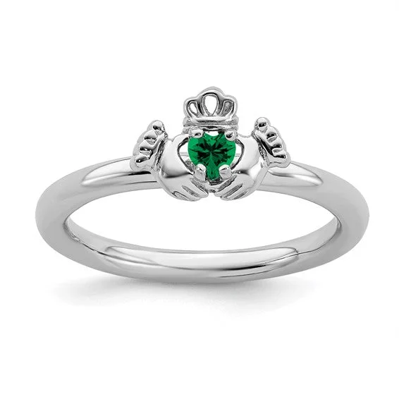 geometric art deco ring -Sterling Silver Stackable Expressions Created Emerald Claddagh Ring