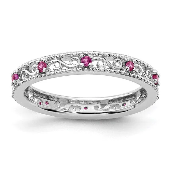 stacking rings with gemstones -Sterling Silver Stackable Expressions Created Ruby Filigree Ring