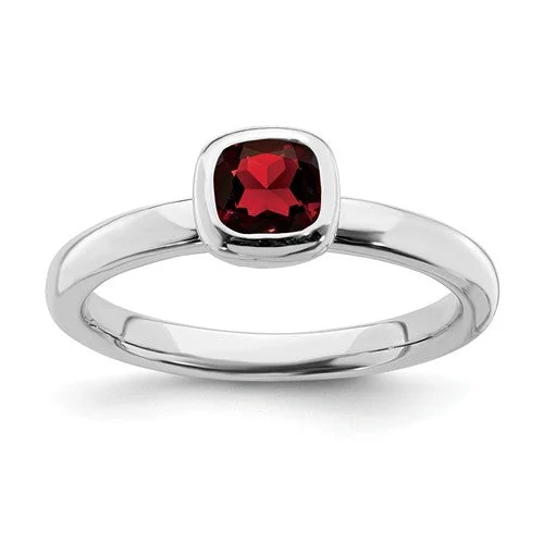 cubic zirconia halo ring -Sterling Silver Stackable Expressions Cushion Cut Garnet Ring