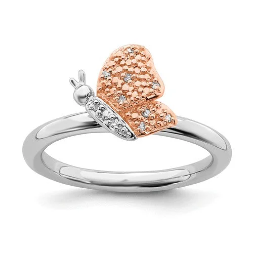 geometric art deco ring -Sterling Silver Stackable Expressions Diamond Rose Gold Butterfly Ring