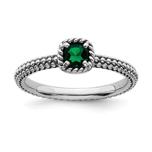 resin flower ring -Sterling Silver Stackable Expressions Created Emerald Cushion Ring