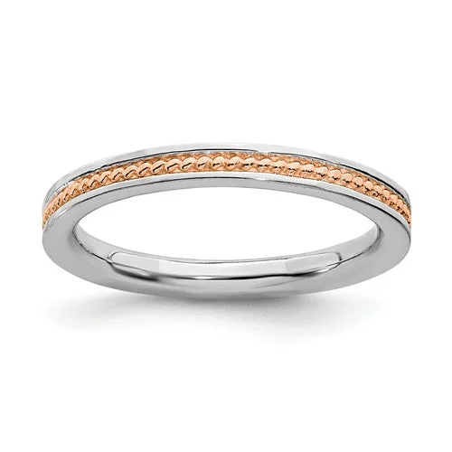 engraved couple matching rings -Sterling Silver Stackable Expressions Rose Gold Beaded Channel Ring