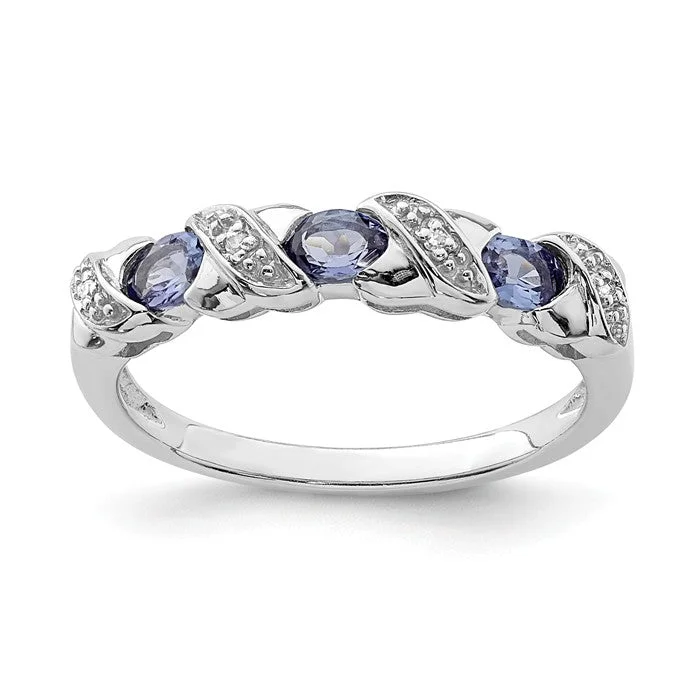 sapphire and diamond ring -Sterling Silver Oval 3-Stone Tanzanite & Diamond Ring