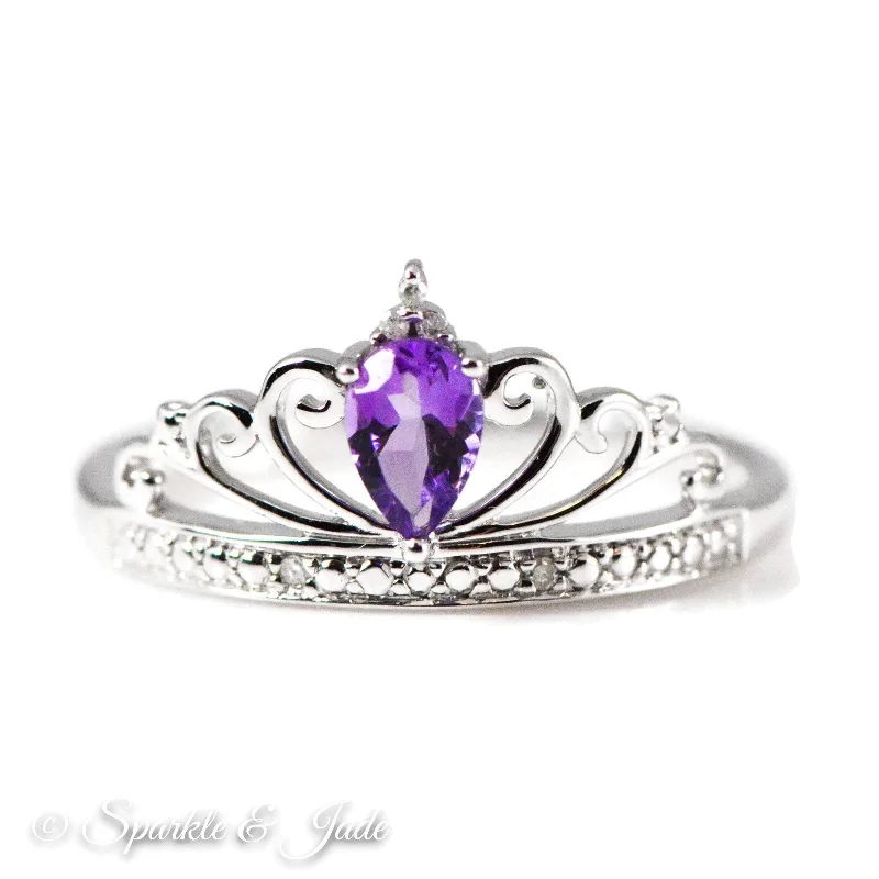 emerald cut diamond ring -Sterling Silver Teardrop Pear Amethyst and Diamond Crown Ring