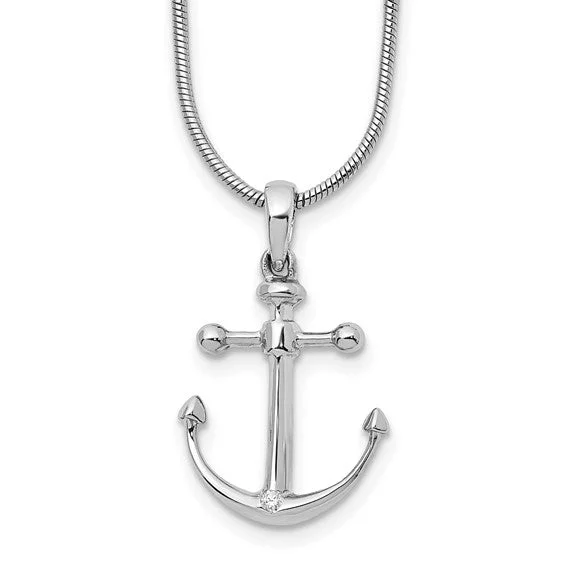 leather cord necklace with pendant -Sterling Silver White Ice Diamond Anchor Pendant Necklace