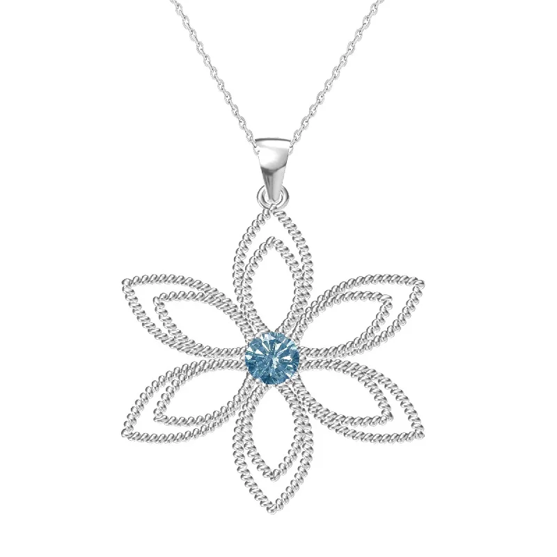 statement choker necklace -Sterling Silver with Blue Moissanite Flower Pendant with 18" Chain