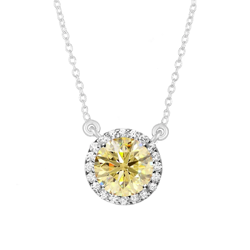 long gold necklace with pendant -Sterling Silver with Yellow Moissanite & White Topaz Halo Necklace -18''