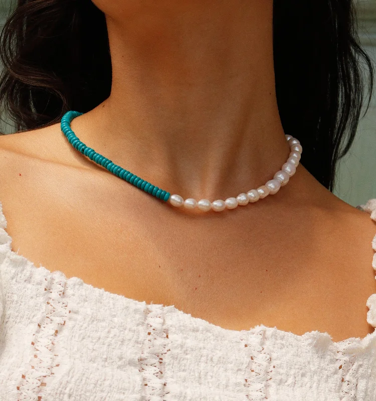 double layer necklace for women -Turquoise and Pearl Necklace