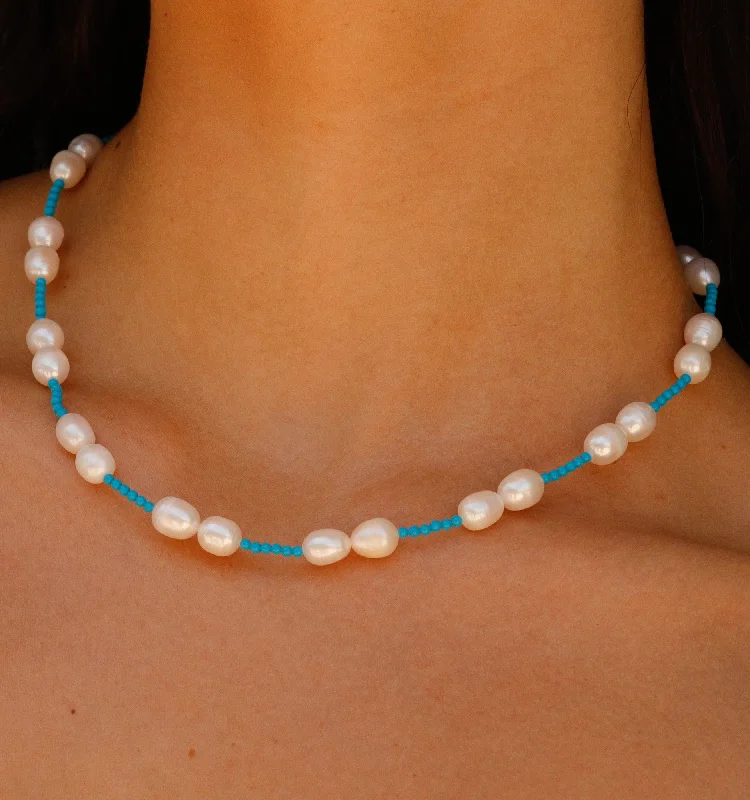 gold rope chain necklace -Pearl Necklace With Mini Turquoise