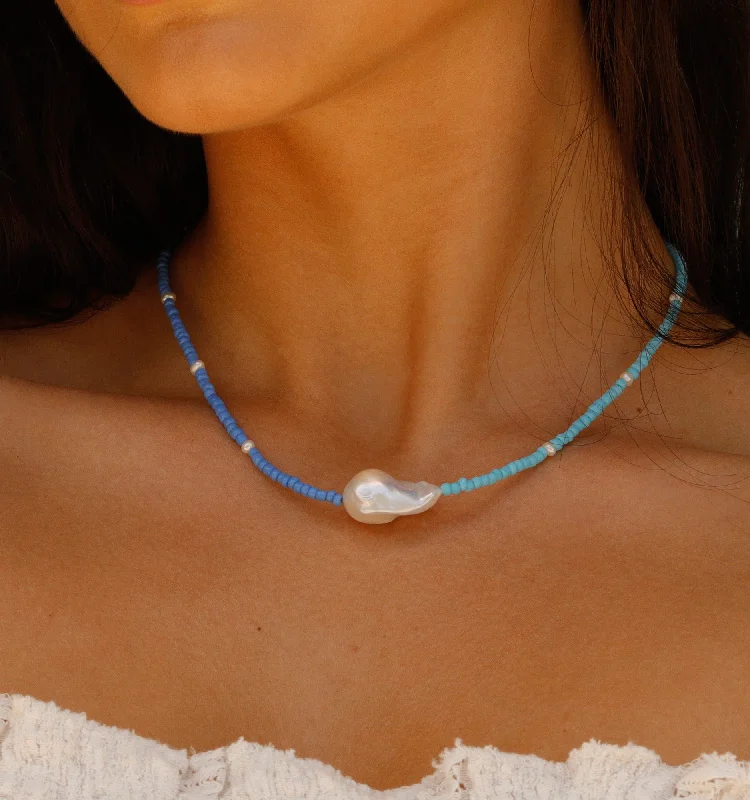 handmade leather necklace -Pearl Choker Necklace in Bright Blues