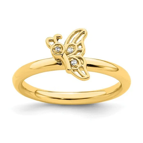 mother of pearl ring -Yellow Gold Plated Sterling Silver Stackable Expressions Diamond Butterfly Ring