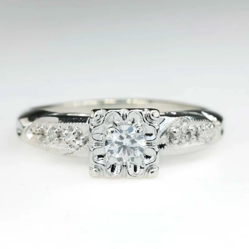 minimalist thin band ring -0.25ct Round Diamond Vintage Illusion Square Engagement Ring in 14K White Gold