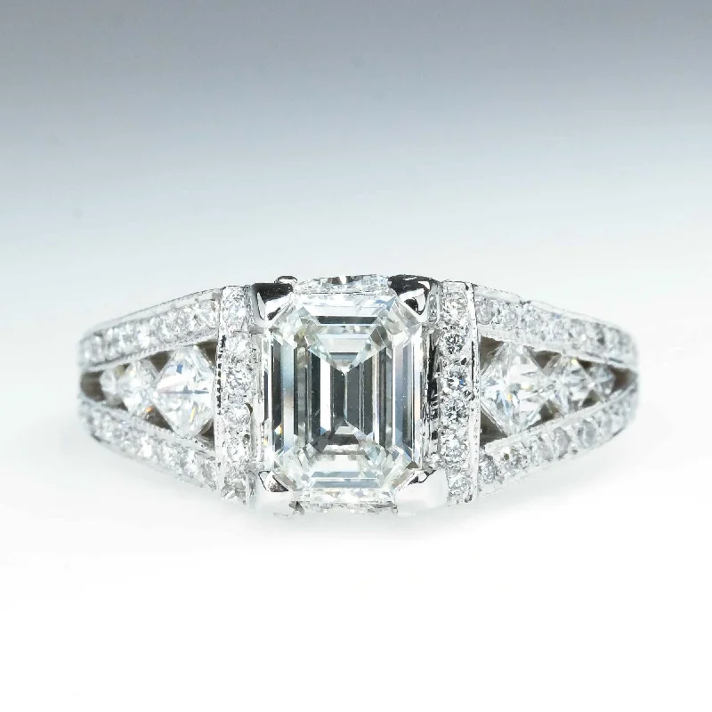 wedding band with diamonds -1.02ct Emerald Cut Diamond SI1/H Split Shank Engagement Ring in 14K White Gold