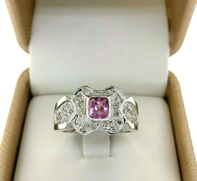 gold engagement ring -1.06 Carats t.w. Diamond and Pink Tourmaline Bezel Pave Celebration Ring 18K